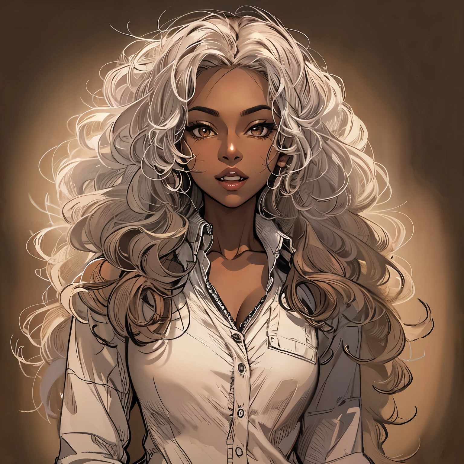 (best quality, masterpiece:1.2), Sketch full view of a hot looking dark brown skin 29 year old woman standing in front of us. She has brown eyes and long curly white hair. She has vampire fangs. She has a nice curve physique. She is wearing a solid slim button long sleeve shirt dress. Shadow background. Sketch. Shading. Lighting.