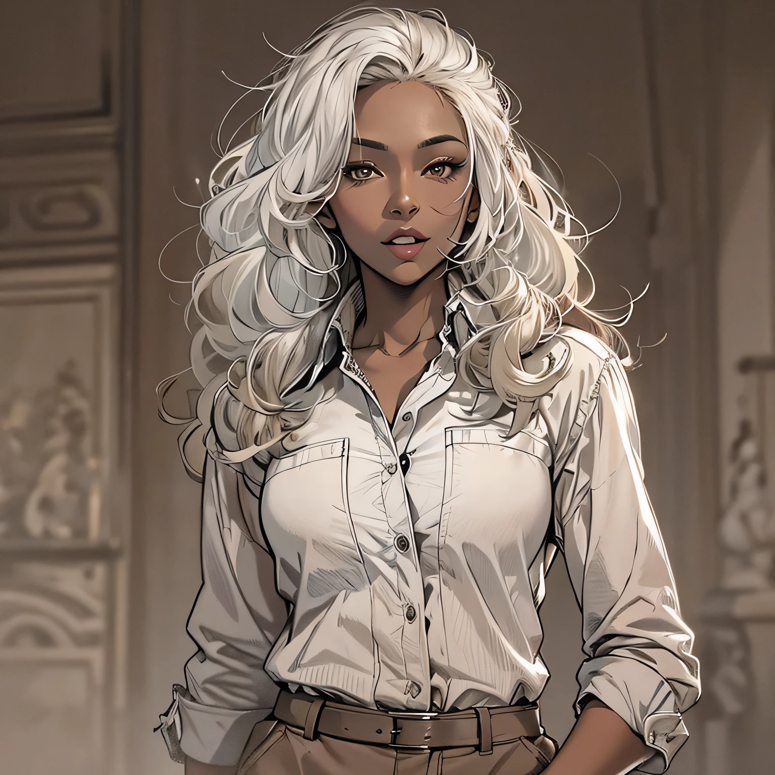 Create a high-quality sketch of a stunning 29-year-old woman with dark brown skin standing directly in front of the viewer. She has brown eyes, long curly white hair, and distinctive vampire fangs. Her physique is beautifully curved, and she is dressed in a fitted, long-sleeved button-up shirt dress. The background should be shaded with shadows to add depth to the sketch, and the lighting should enhance the overall composition. Aim for the highest quality in execution, making it a masterpiece.