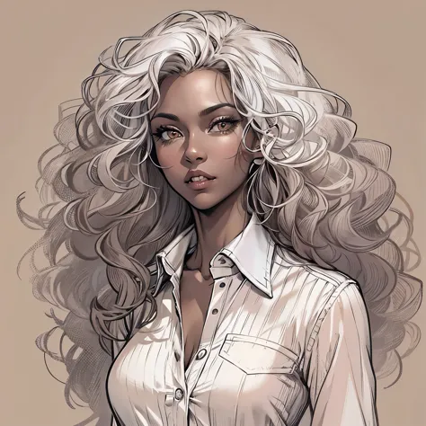 Create a high-quality sketch of a stunning 29-year-old woman with dark brown skin standing directly in front of the viewer. She ...
