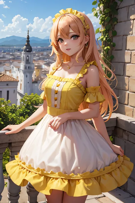 chica con un vestido rosado, y pelo abombado amarillo en un castillo
