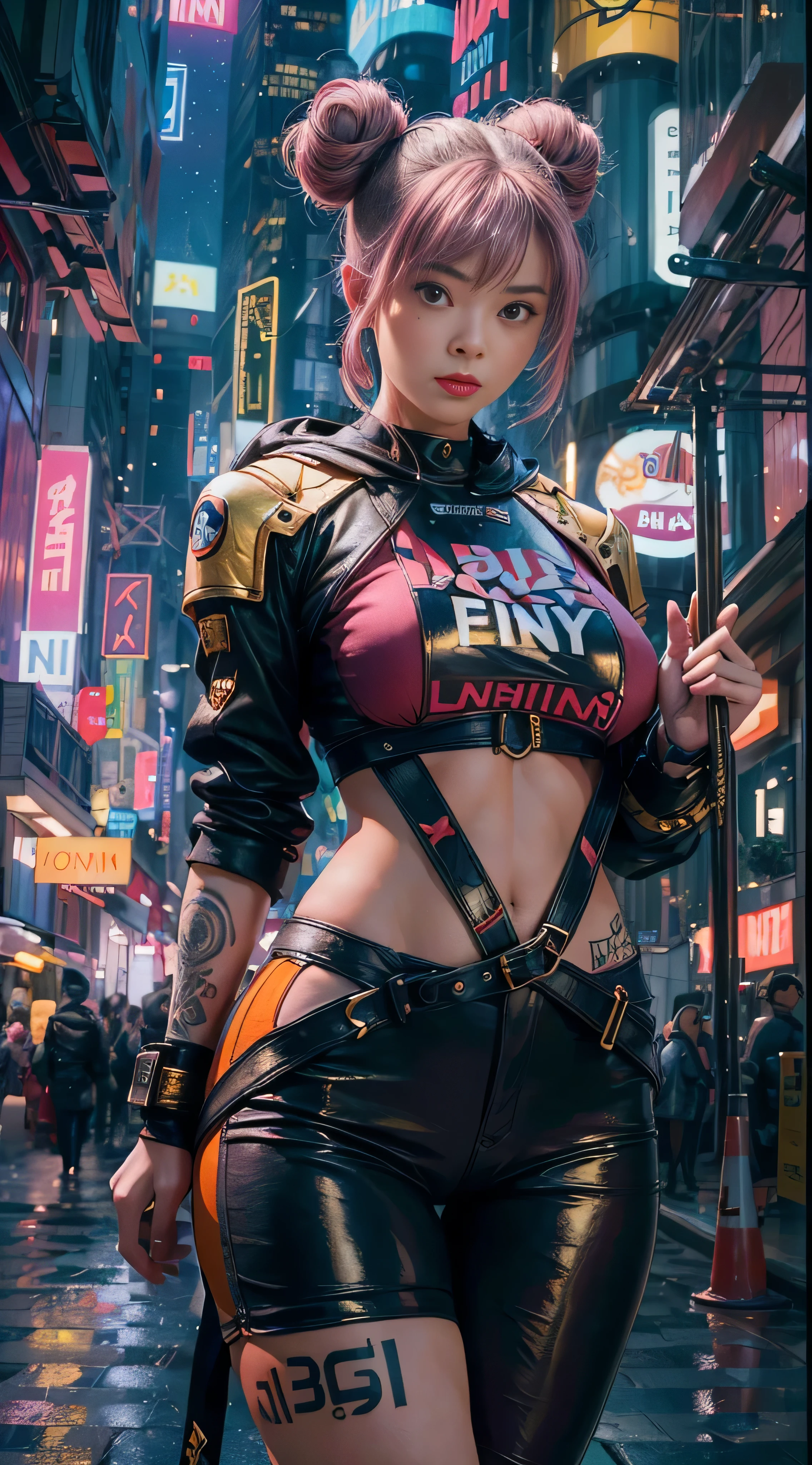 Meisterwerk, Maximale Qualität, ultrahohe Auflösung, 8k, ein Mädchen,Schönheit,21 Jahre alt,helle Haut, extrem schön,Starker Blick, allein,Büste Porträt,cyberpunk outfit, extrem detailliertes Gesicht, Detaillierte Augen, schelmisches Lächeln, heiter, Realistisches Foto, absolut realistisch, menschliche Haut, Studiobeleuchtung,Körper mit goldenem Schnitt, Breite Hüften,perfekte Beine, big ass,pinkes Haar, Doppelbrötchen,Stumpfer Pony,orange und weiße Kleidung,Brüste in Körbchengröße D,in the cyberpunk city,Cyberpunk-Stadthintergrund,((Nacht)),Regen,Seitenhaltung,Tätowierungen,Glücklich