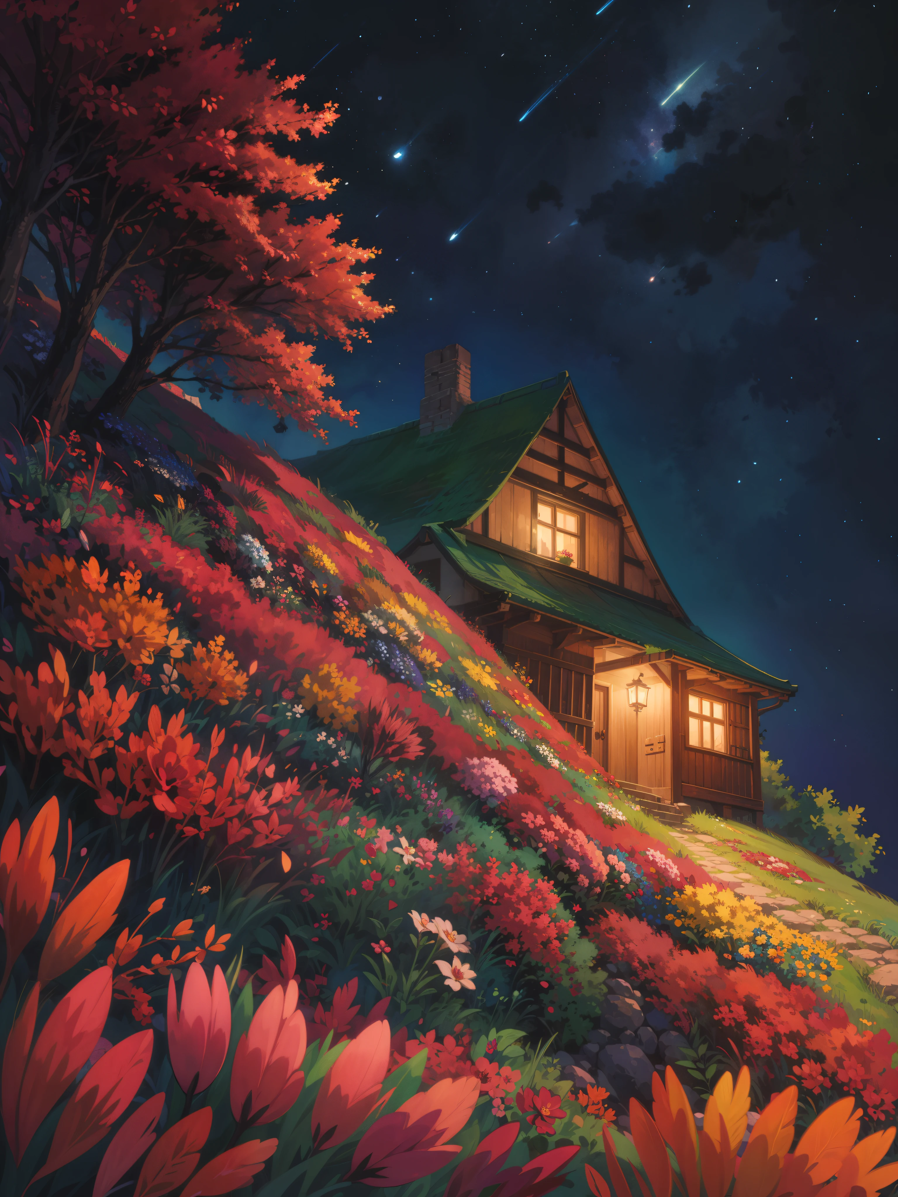 eine blaue Hütte mit rissigen Wänden, verblasste Farbe, Nachtzeit, lit hut, big leafy tree with Blumen, Sterne, Ghibli-Stil, Gebüsch, leuchtende Farben, intrinsic details, Landschaft, Mikrolandschaft, Fechten, Blumen, Vorderansicht, schwachem Licht, Hoher Kontrast, lebendige Töne