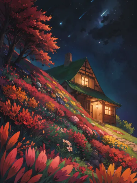 one blue hut with cracked walls, faded paint, night time, lit hut, big leafy tree with flowers, stars, ghibli style, bushes, vib...