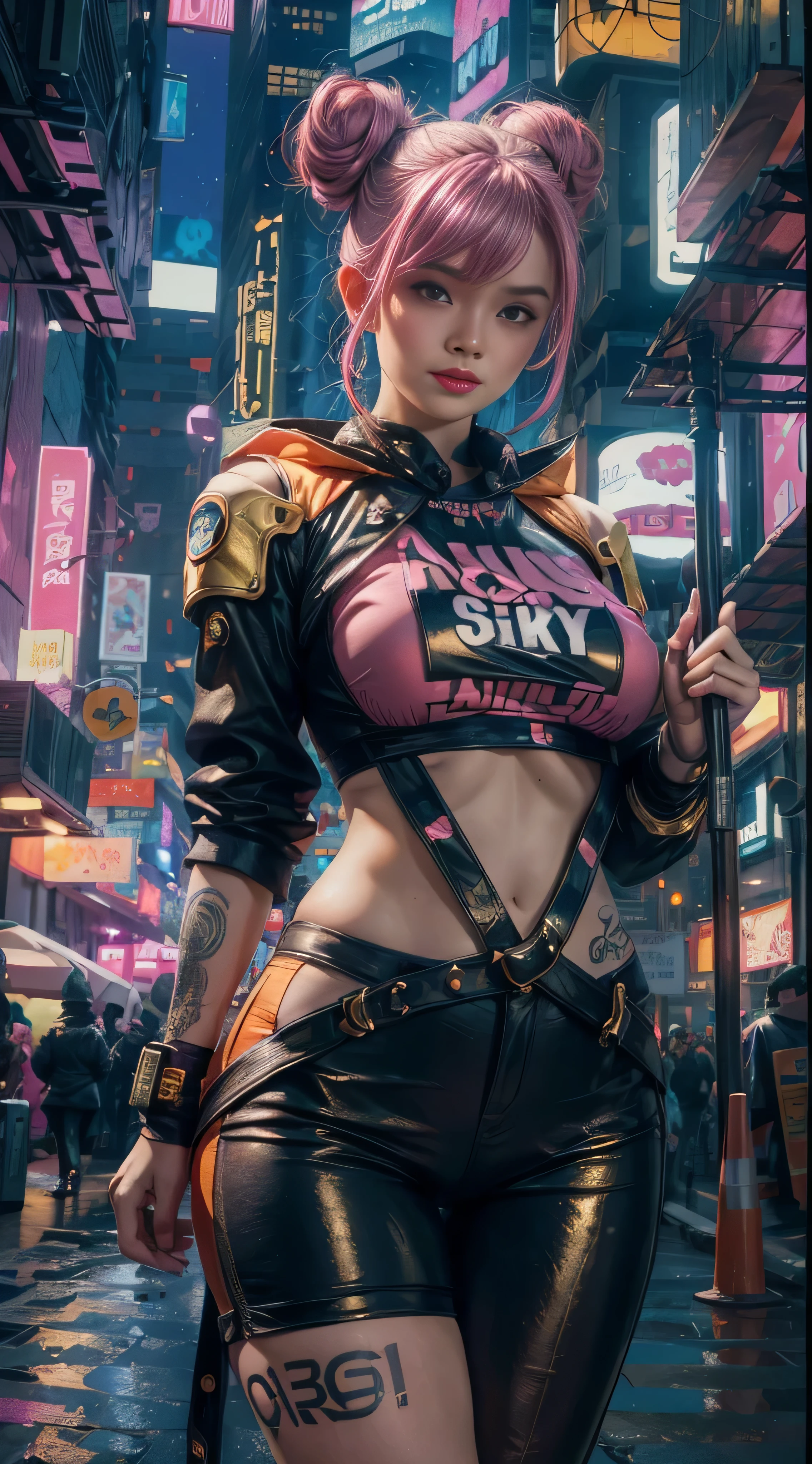 Meisterwerk, Maximale Qualität, ultrahohe Auflösung, 8k, ein Mädchen,Schönheit,21 Jahre alt,Helle Haut, extrem schön,Starker Blick, allein,Büste Porträt,cyberpunk outfit, extrem detailliertes Gesicht, detaillierte Augen, schelmisches Lächeln, Heiter, realistisches Foto, absolut realistisch, menschliche Haut, Studiobeleuchtung,Körper mit goldenem Schnitt, Breite Hüften,perfekte Beine, big ass,pinkes Haar, Doppelbrötchen,stumpfer Pony,orange und weiße Kleidung,Brüste der Körbchengröße D,in the cyberpunk city,Cyberpunk-Stadthintergrund,((Nacht)),Regen,Seitenpose,Tätowierungen,Glücklich