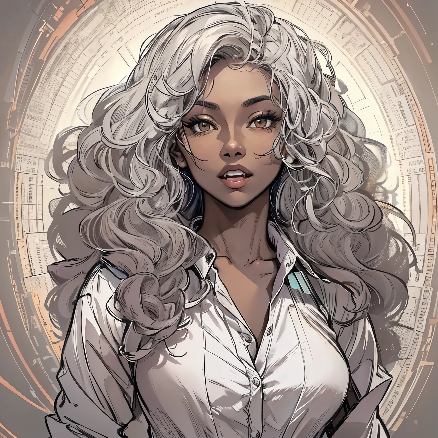 Create a high-quality sketch of a stunning 2 woman with dark brown skin standing directly in front of the viewer. She has brown eyes, long curly white hair, and distinctive vampire fangs. Her physique is beautifully curved, and she is dressed in a fitted, long-sleeved button-up shirt dress. The background should be shaded with shadows to add depth to the sketch, and the lighting should enhance the overall composition. Aim for the highest quality in execution, making it a masterpiece.