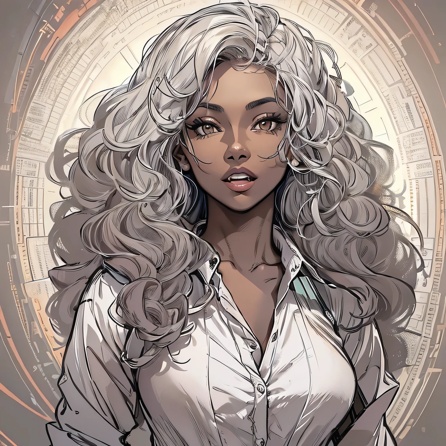 Create a high-quality sketch of a stunning 29-year-old woman with dark brown skin standing directly in front of the viewer. She has brown eyes, long curly white hair, and distinctive vampire fangs. Her physique is beautifully curved, and she is dressed in a fitted, long-sleeved button-up shirt dress. The background should be shaded with shadows to add depth to the sketch, and the lighting should enhance the overall composition. Aim for the highest quality in execution, making it a masterpiece.