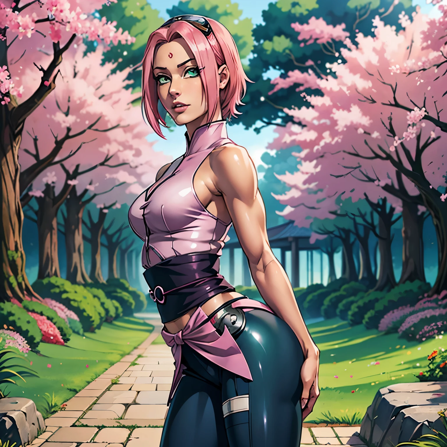 ((ultra quality)), ((masterpiece)), Haruno Sakura, Naruto Shippuden, ((pink short hair)), (beautiful cute face), (beautiful female lips), Charming, ((sexy facial expression)), looks at the camera, eyes slightly open, (skin color white), (blue skin), glare on the body, ((detailed beautiful female eyes)), ((green eyes)), (juicy women&#39;s lip liner), (beautiful female hands), ((ideal female figure)), ideal female body, beautiful waist, gorgeous thighs, beautiful small breasts, ((thin and beautiful)), stands temptingly (Rear view), (Sakura Haruno&#39;s clothes, black skinny shorts, leggings, Hidden Leaf Village Shinobi Clothes) background: hidden leaf village, Naruto shippuden, ((depth of field)), ((clear high quality image)), (Clear details), ((high detail)), really, professional photo shoot, ((Clear Focus)), anime