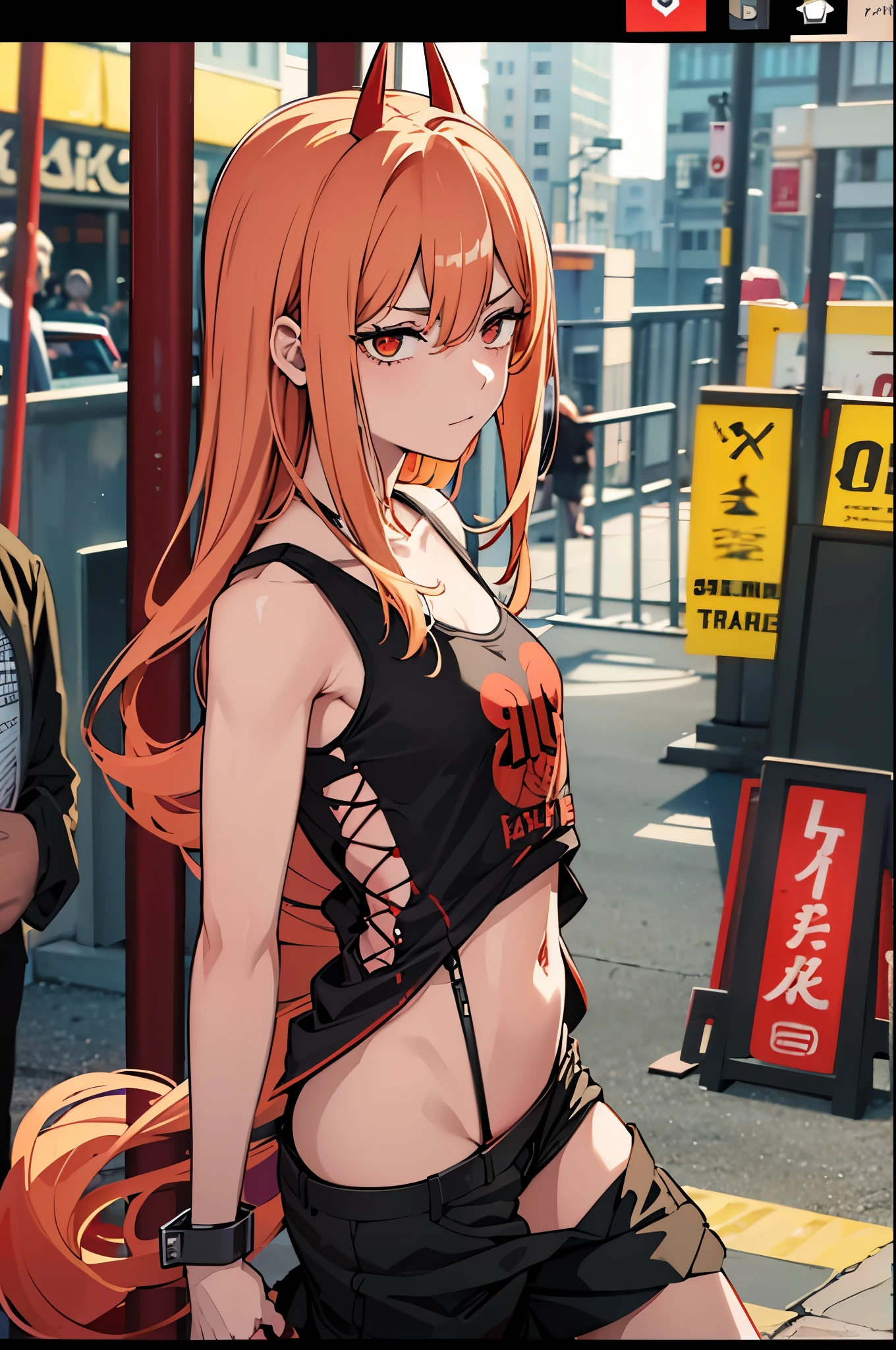 Anime girl with orange hair and black top standing on street corner -  SeaArt AI