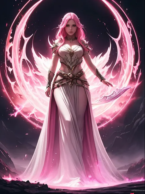 a woman with pink hair white dress, girl, goddess, fantasy art, female goddess, dark fantasy style art, dark fantasy art, epic f...