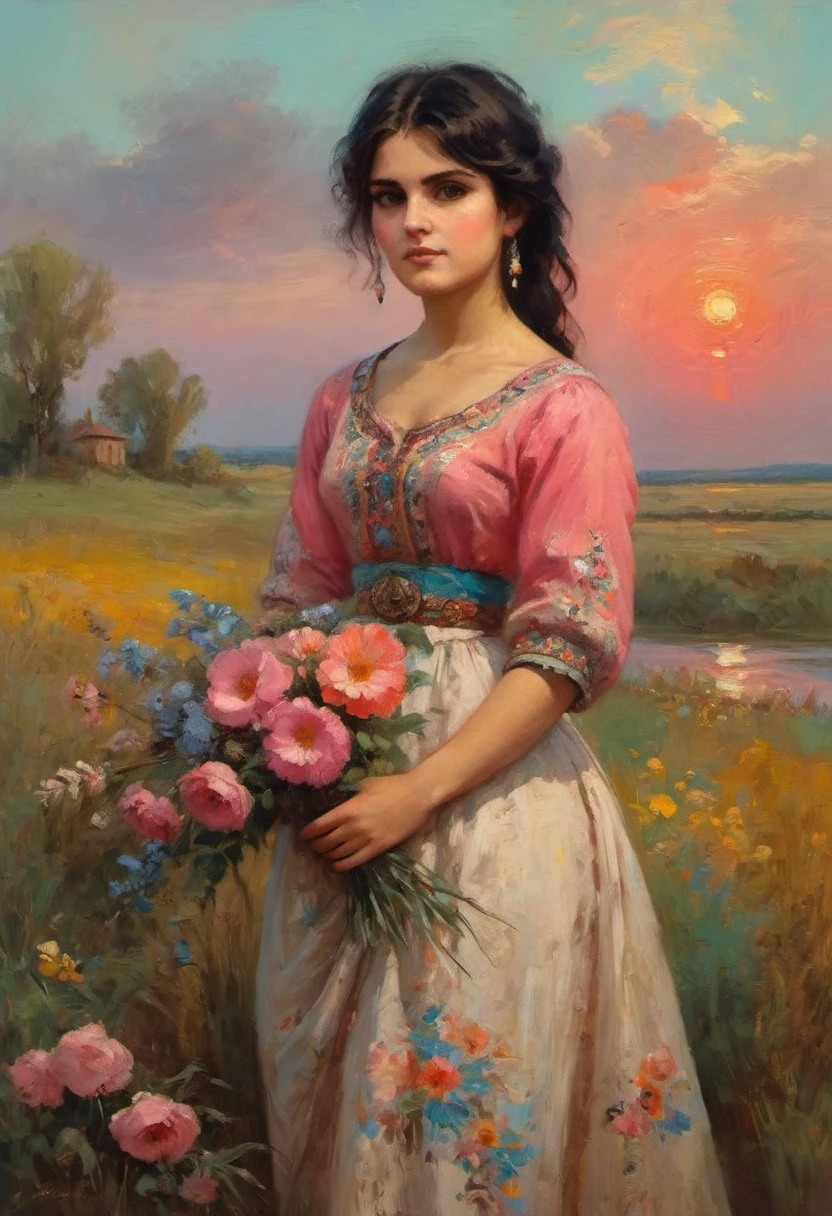 a young Russian girl, against the background of a scarlet sunset, complex detailing, aged canvas, "the girl by the white birch" (in the style of Konstantin Makovsky, depicted in oil on canvas),
depicts a beautiful girl with brown hair in a scarf, dressed in a top and maxi skirt with patterns and knitting, a birch branch with silk multicolored ribbons((background: high bank of the white birch river in cheerful colors,
stunning, highly detailed, 8k, ornate, intricate, vintage, dehydrated, atmospheric, scuff gradient,
(oil painting: 0.75), (splash: 0.75), (turquoise: 0.2), (orange: 0.2), (pink:0.33), 
 (Jeremy Mann: 0.5), (John Constable: 0.1),
((El Greco: 0.5),(acrylic paint: 0.75), 8k (())e