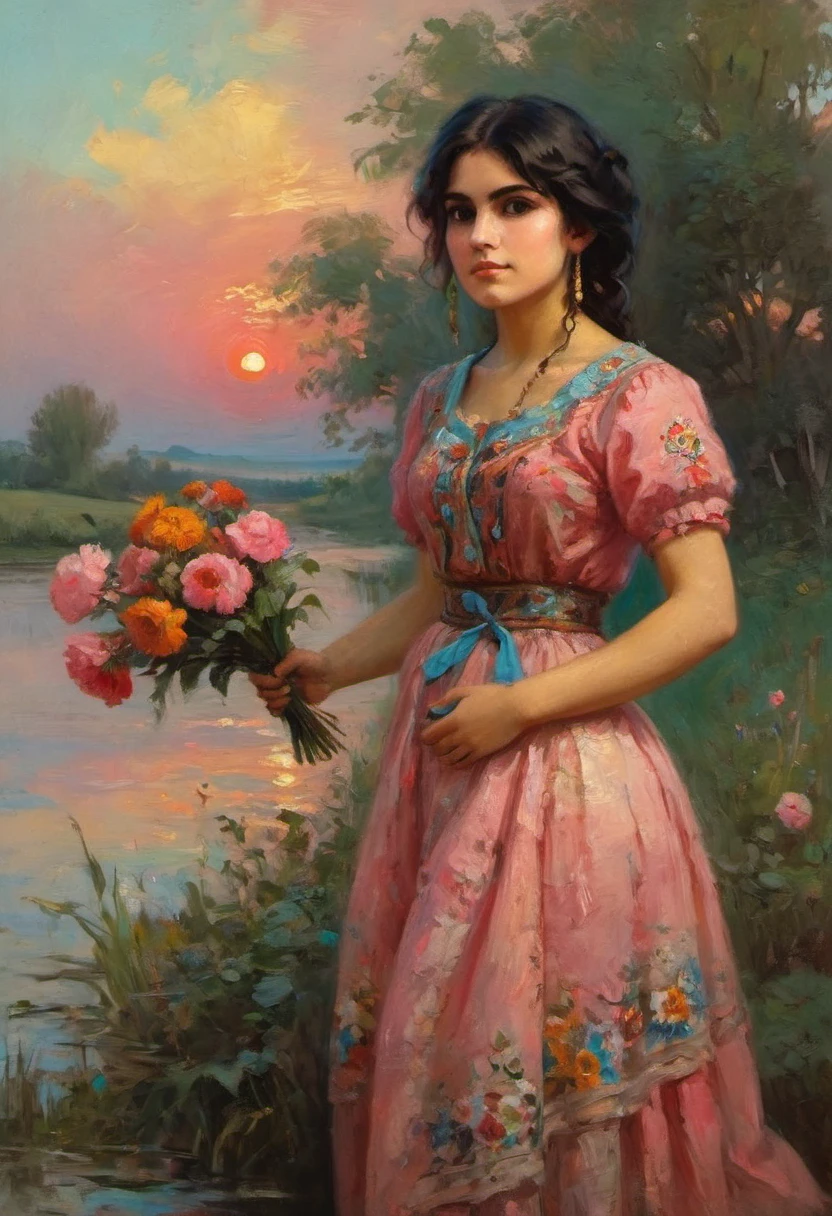 a young Russian girl, against the background of a scarlet sunset, complex detailing, aged canvas, "the girl by the white birch" (in the style of Konstantin Makovsky, depicted in oil on canvas),
depicts a beautiful girl with brown hair in a scarf, dressed in a top and maxi skirt with patterns and knitting, a birch branch with silk multicolored ribbons((background: high bank of the white birch river in cheerful colors,
stunning, highly detailed, 8k, ornate, intricate, vintage, dehydrated, atmospheric, scuff gradient,
(oil painting: 0.75), (splash: 0.75), (turquoise: 0.2), (orange: 0.2), (pink:0.33), 
 (Jeremy Mann: 0.5), (John Constable: 0.1),
((El Greco: 0.5),(acrylic paint: 0.75), 8k (())e