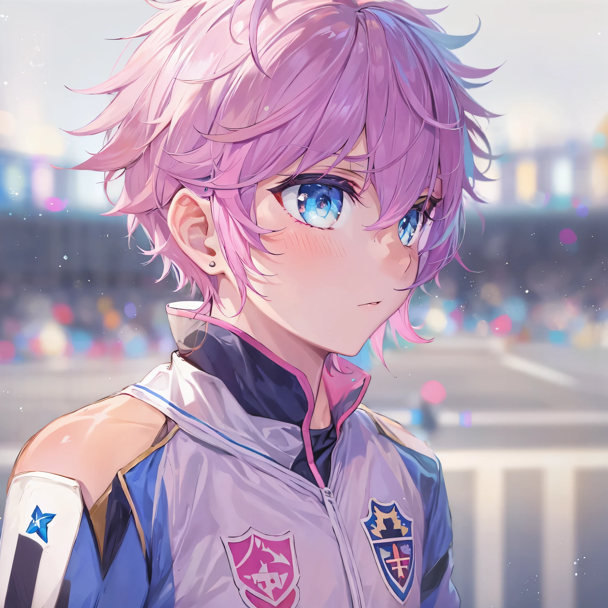 (1boy, masculino),(atacante),uniforme de futebol, aquamarine eyes, Campo de futebol, astolfo fate short hair