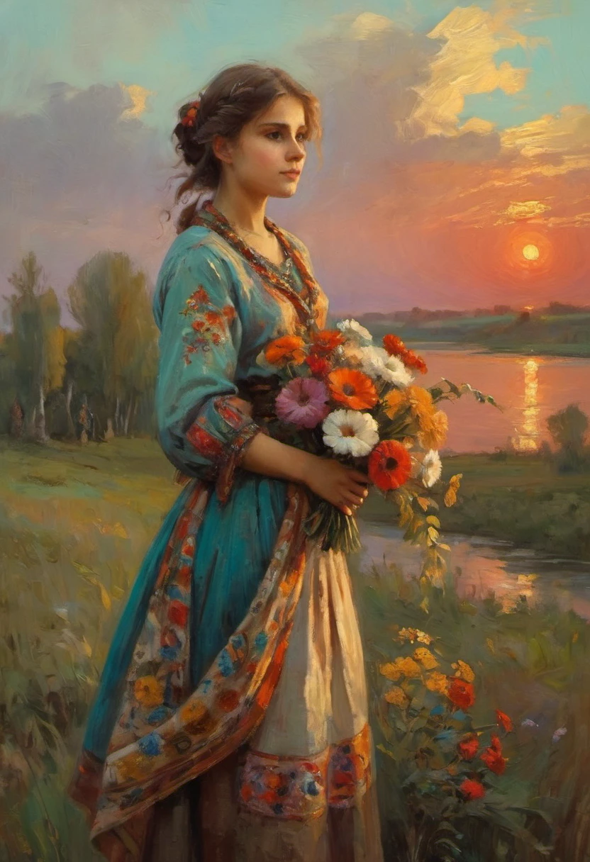 a young Russian girl, against the background of a scarlet sunset, complex detailing, aged canvas, "the girl by the white birch" (in the style of Konstantin Makovsky, depicted in oil on canvas),
depicts a beautiful girl with brown hair in a scarf, dressed in a top and maxi skirt with patterns and knitting, a birch branch with silk multicolored ribbons((background: high bank of the white birch river in cheerful colors,
stunning, highly detailed, 8k, ornate, intricate, vintage, dehydrated, atmospheric, scuff gradient,
(oil painting: 0.75), (splash: 0.75), (turquoise: 0.2), (orange: 0.2), (pink:0.33), 
 (Jeremy Mann: 0.5), (John Constable: 0.1),
((El Greco: 0.5),(acrylic paint: 0.75), 8k (())e