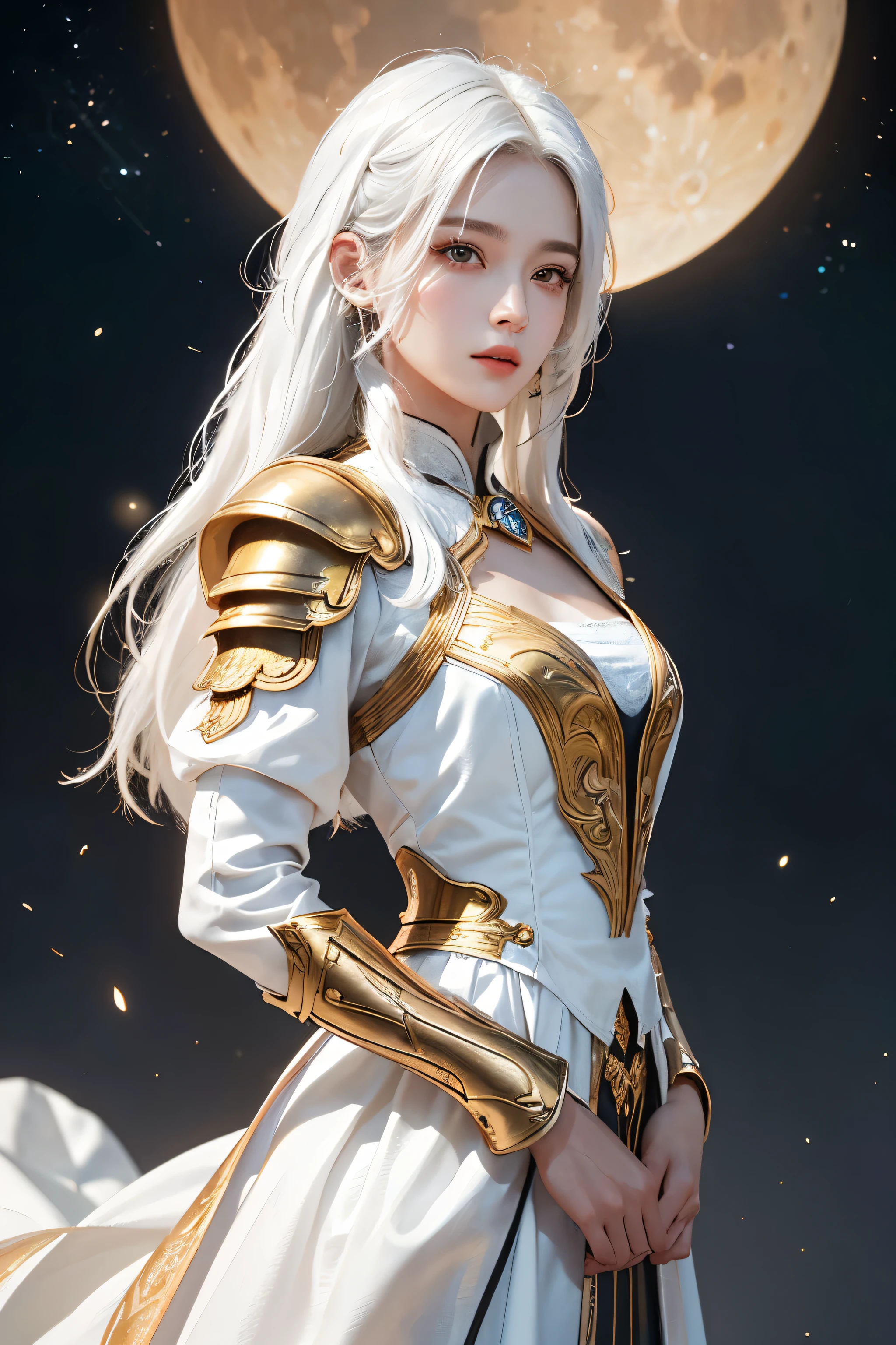 Beautiful woman with，Exuding the aura of fanatical power, Tiantuan, white and gold armor，white long sleeve dress，whole body，long skirt，Take the gold hand，Radiate brilliance，（Fly in the sky，divine light,masterpiece：1.4），（best quality：1.4），（beauty girl，Very rich facial details，white hair， hair loose，luster， Bokeh， Ultra-detailed RAW quality, moon，Milky Way，close up, （Manipulate light），lifelike, High resolution, soft light,1 miss, keen vision, noble and inviolable temperament, (([miss]: 1.2 + [beauty]: 1.2 + Long white hair: 1.2)), Bright Eyes, clear beauty, beauty delicate eyes, Good 8KCG wallpaper, official art， super detailed， masterpiece， best quality，