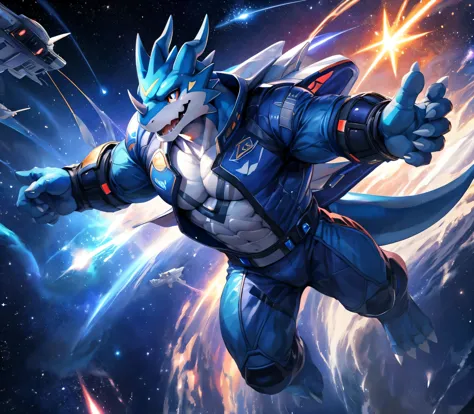 masterpiece,high quality,anime,detailed eyes, male exveemon, Great physique,strong arms manly, in the Airplanes, Space, Singular...