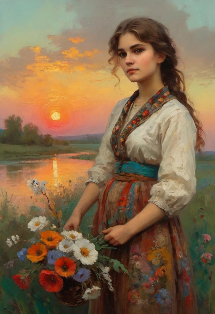 a young Russian girl, against the background of a scarlet sunset, complex detailing, aged canvas, "the girl by the white birch" (in the style of Konstantin Makovsky, depicted in oil on canvas),
depicts a beautiful girl with brown hair in a scarf, dressed in a top and maxi skirt with patterns and knitting, a birch branch with silk multicolored ribbons((background: high bank of the white birch river in cheerful colors,
stunning, highly detailed, 8k, ornate, intricate, vintage, dehydrated, atmospheric, scuff gradient,
(oil painting: 0.75), (splash: 0.75), (turquoise: 0.2), (orange: 0.2), (pink:0.33), 
 (Jeremy Mann: 0.5), (John Constable: 0.1),
((El Greco: 0.5),(acrylic paint: 0.75), 8k (())e