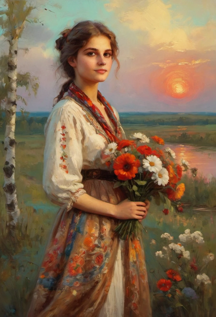 a young Russian girl, against the background of a scarlet sunset, complex detailing, aged canvas, "the girl by the white birch" (in the style of Konstantin Makovsky, depicted in oil on canvas),
depicts a beautiful girl with brown hair in a scarf, dressed in a top and maxi skirt with patterns and knitting, a birch branch with silk multicolored ribbons((background: high bank of the white birch river in cheerful colors,
stunning, highly detailed, 8k, ornate, intricate, vintage, dehydrated, atmospheric, scuff gradient,
(oil painting: 0.75), (splash: 0.75), (turquoise: 0.2), (orange: 0.2), (pink:0.33), 
 (Jeremy Mann: 0.5), (John Constable: 0.1),
((El Greco: 0.5),(acrylic paint: 0.75), 8k (())e