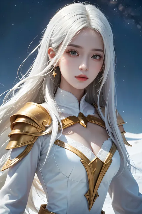 Beautiful woman with，Exuding the aura of fanatical power, Tiantuan, white and gold armor，white long sleeve dress，whole body，long...