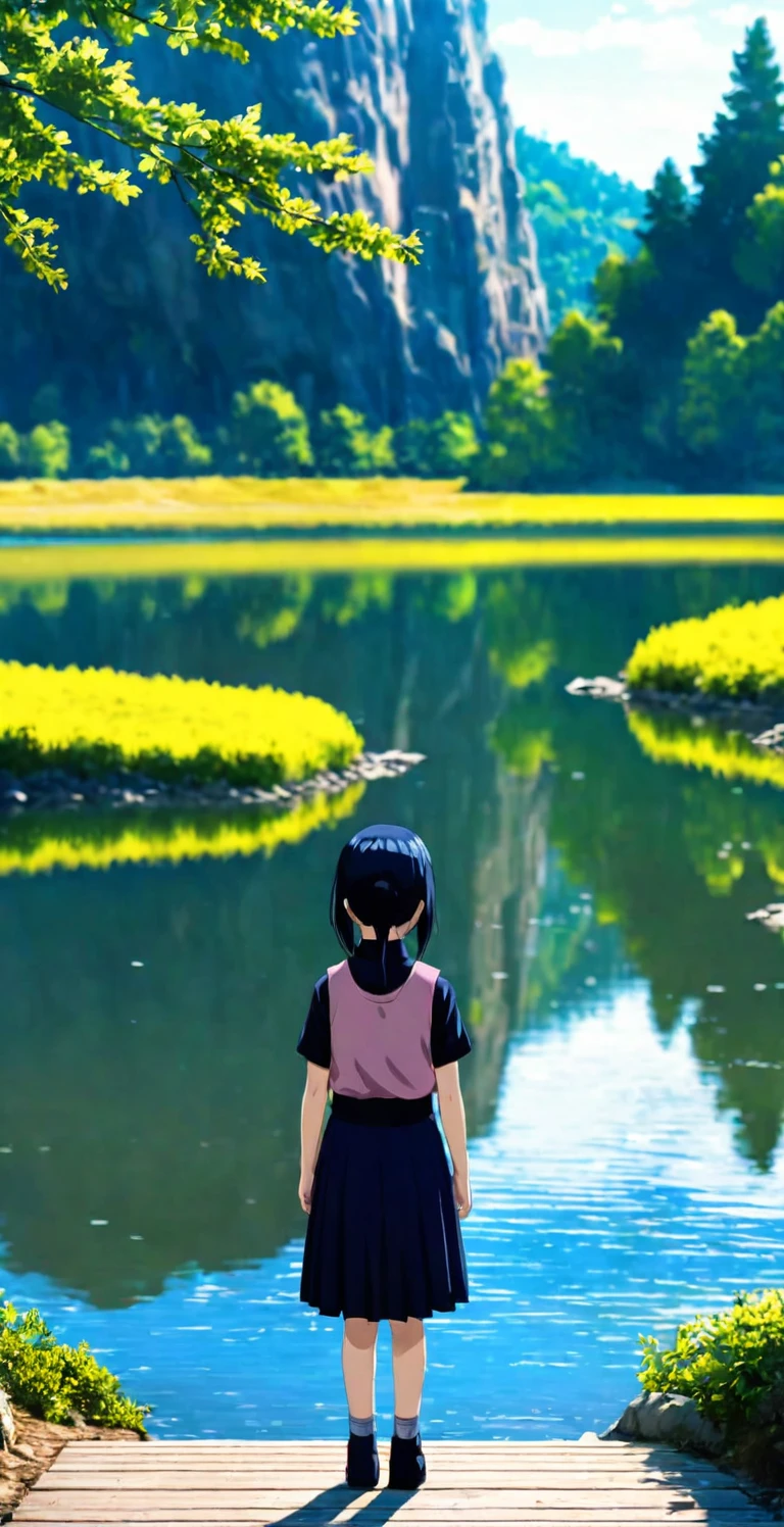 close-up from side, (10 year old Hinata) walk next to lake, [enchanting, surreal, studio lighting, HDR, UHD, K]