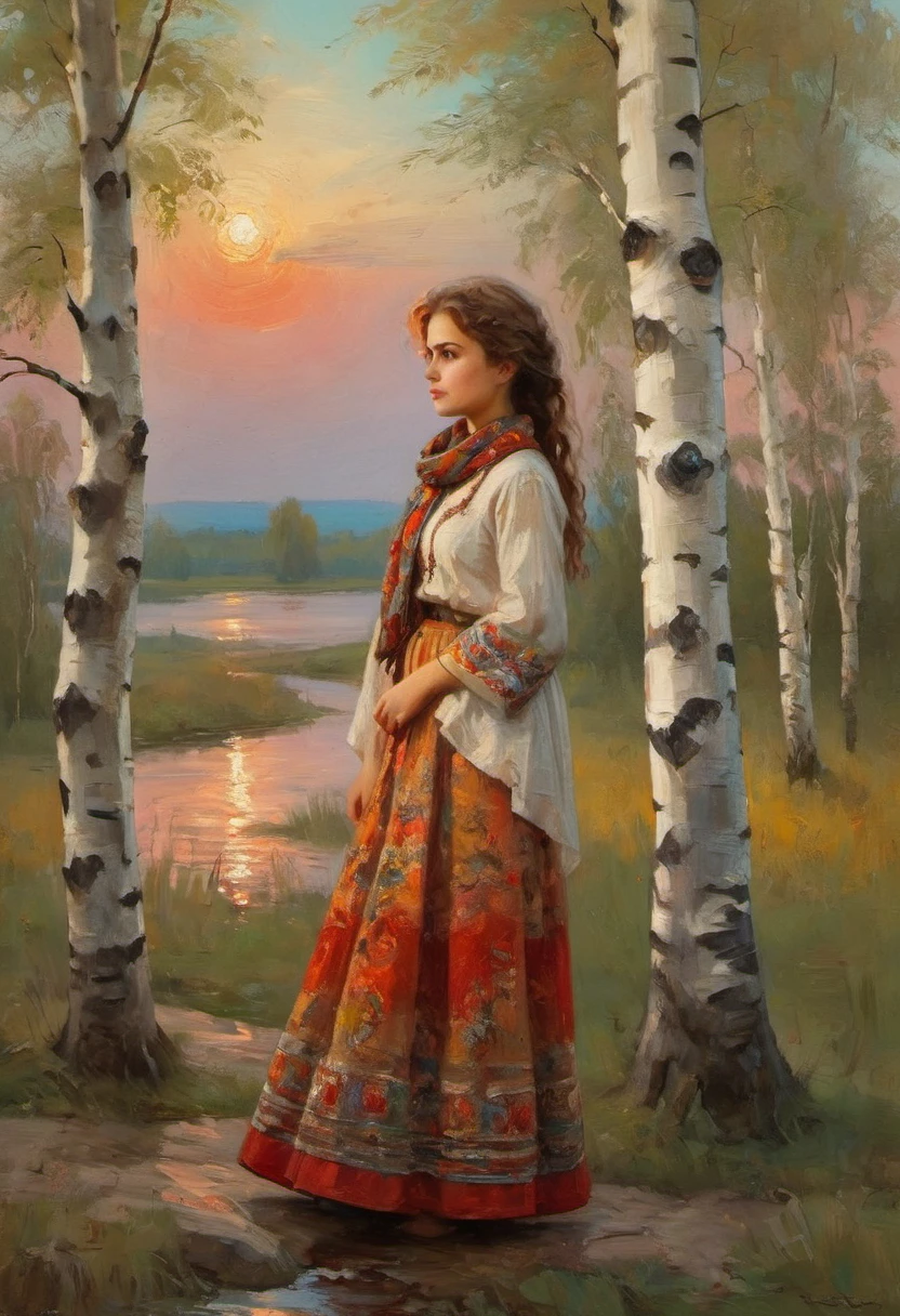 a young Russian girl, against the background of a scarlet sunset, complex detailing, aged canvas, "the girl by the white birch" (in the style of Konstantin Makovsky, depicted in oil on canvas),
depicts a beautiful girl with brown hair in a scarf, dressed in a top and maxi skirt with patterns and knitting, a birch branch with silk multicolored ribbons((background: high bank of the white birch river in cheerful colors,
stunning, highly detailed, 8k, ornate, intricate, vintage, dehydrated, atmospheric, scuff gradient,
(oil painting: 0.75), (splash: 0.75), (turquoise: 0.2), (orange: 0.2), (pink:0.33), 
 (Jeremy Mann: 0.5), (John Constable: 0.1),
((El Greco: 0.5),(acrylic paint: 0.75), 8k (())e