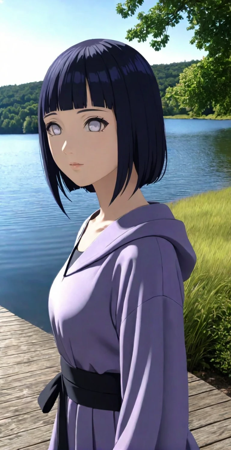 close-up from side, (adult-Hinata) walk next to lake, [enchanting, surreal, studio lighting, HDR, UHD, K]