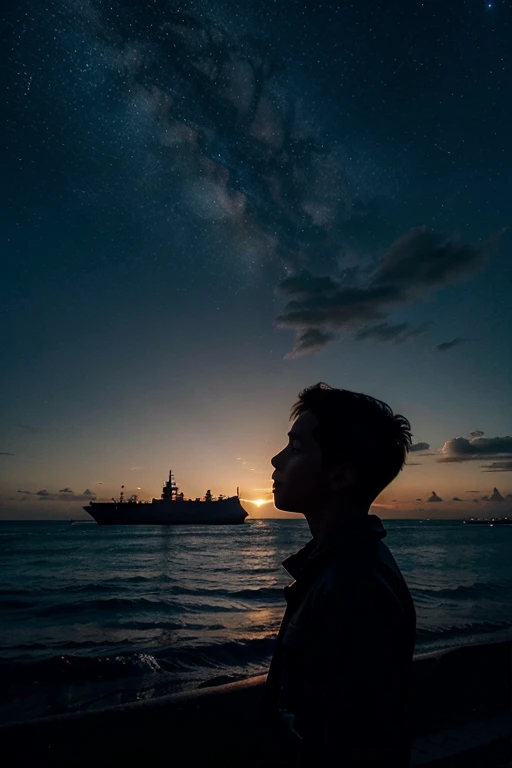 ,silhouette,1boy, star (sky), cloud, seascape, sea, outdoors, skyscraper, , night, night sky, sunset, skyline,realistic