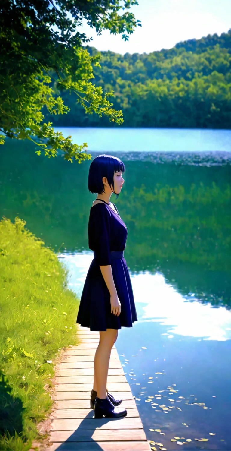 close-up from side, (adult-Hinata) walk next to lake, [enchanting, surreal, studio lighting, HDR, UHD, K]