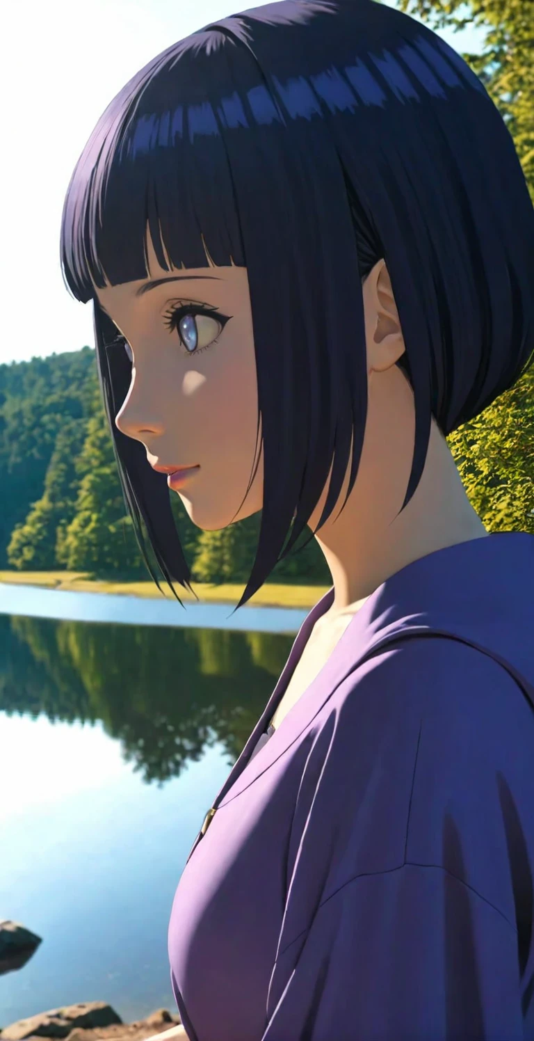 close-up from side, (adult-Hinata) walk next to lake, [enchanting, surreal, studio lighting, HDR, UHD, K]