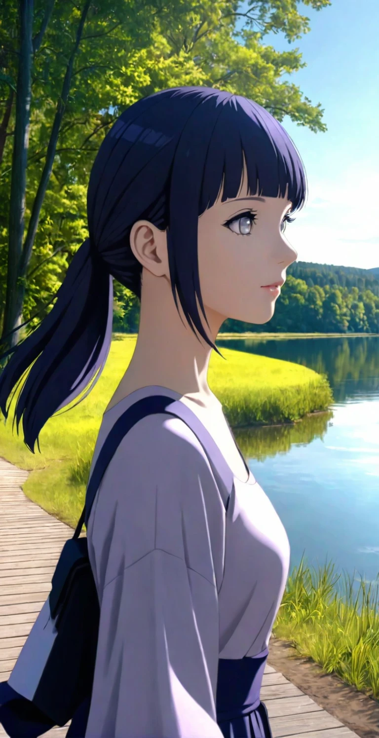 close-up from side, (adult-Hinata) walk next to lake, [enchanting, surreal, studio lighting, HDR, UHD, K]