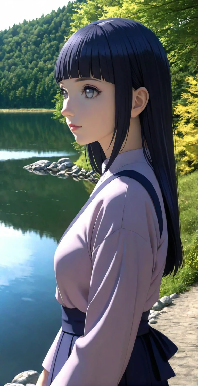 close-up from side, (adult-Hinata) walk next to lake, [enchanting, surreal, studio lighting, HDR, UHD, K]