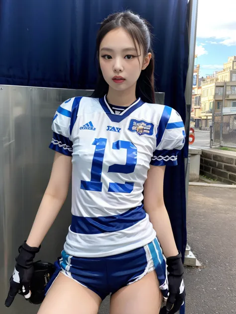 Masterpiece, superlative, realistic, Jennie wearing trendy football uniform, HD, photography and lighting, 16k