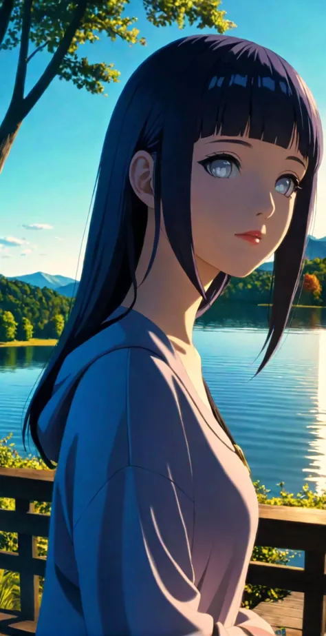 close-up from side, (adult-hinata) walk next to lake, [enchanting, surreal, studio lighting, hdr, uhd, k]