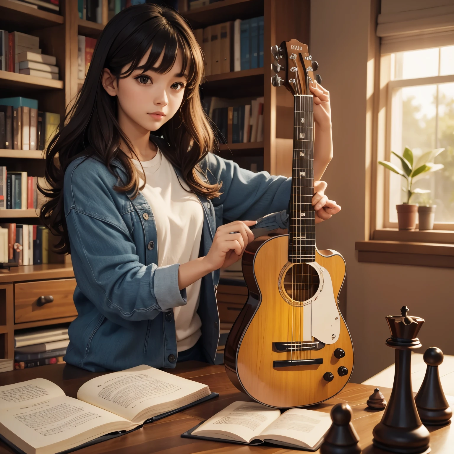 A girl with bangs and long wavy hair with a table and chess on table in a big room with colorful design and lits of books and a guitar