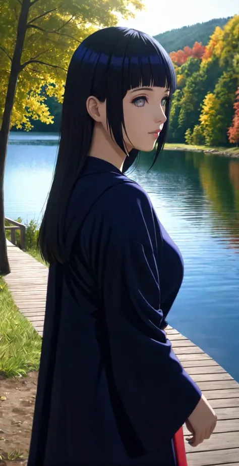 close-up from side, (adult-hinata) walk next to lake, [enchanting, surreal, studio lighting, hdr, uhd, k]