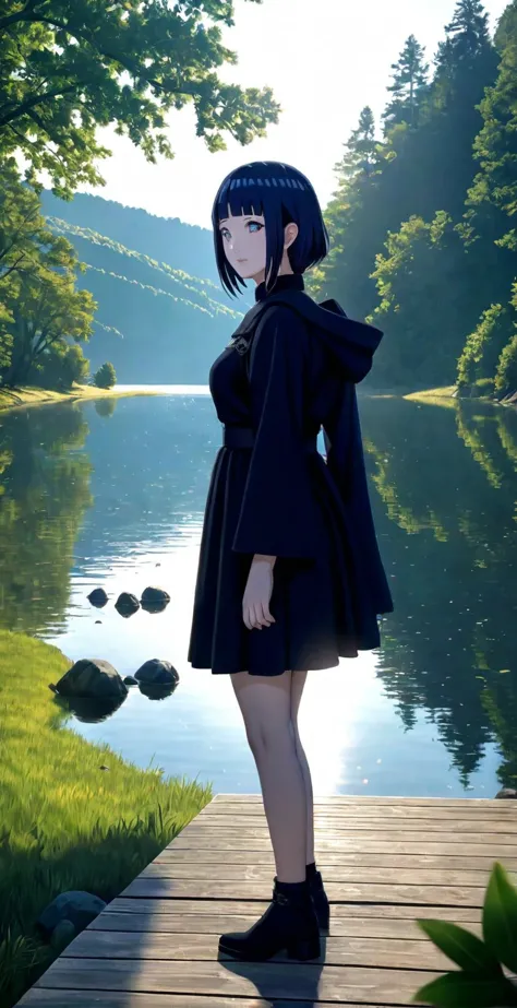 close-up from side, (adult-hinata) walk next to lake, [enchanting, surreal, studio lighting, hdr, uhd, k]