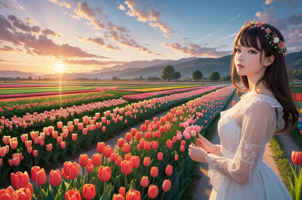 (masterpiece), (best quality), (very aesthetic), (ultra-detailed), (best illustration), realistic, morning, spring, sunrise, colorful tulips, wide angle, lady point, swallows,