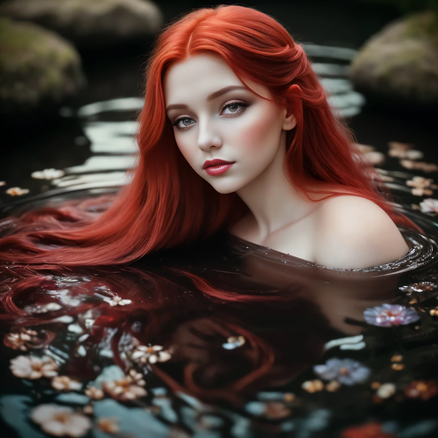 a close up of a woman with long red hair in a dress, ethereal beauty, ophelia, a stunning young ethereal figure, nymph in the water, monia merlo, water fairy, closeup fantasy with water magic, with pale skin, ethereal fairytale, inspired by Arthur Hughes, ellie bamber fairy, red haired goddess, fantasy photoshoot, by Elena Guro. Photorealistic photography.very good quality, aestic,Perfect composition.photo clear.Perfect composition,very good quality photography, photorealistic photo. Very detailed face: eyes , eyebrows,nosem,lips. Beauty. Realistic flowers.Rich color background. Perfect composition..hoto taken at eye level,DSLR,canon EOS RS,ultra quality,sharp focus,tack sharp, depth of field (dof). Film grain,crystal clear,8k UHD, highly detailed, facial features, high detailed background. Art supplies. very good quality .