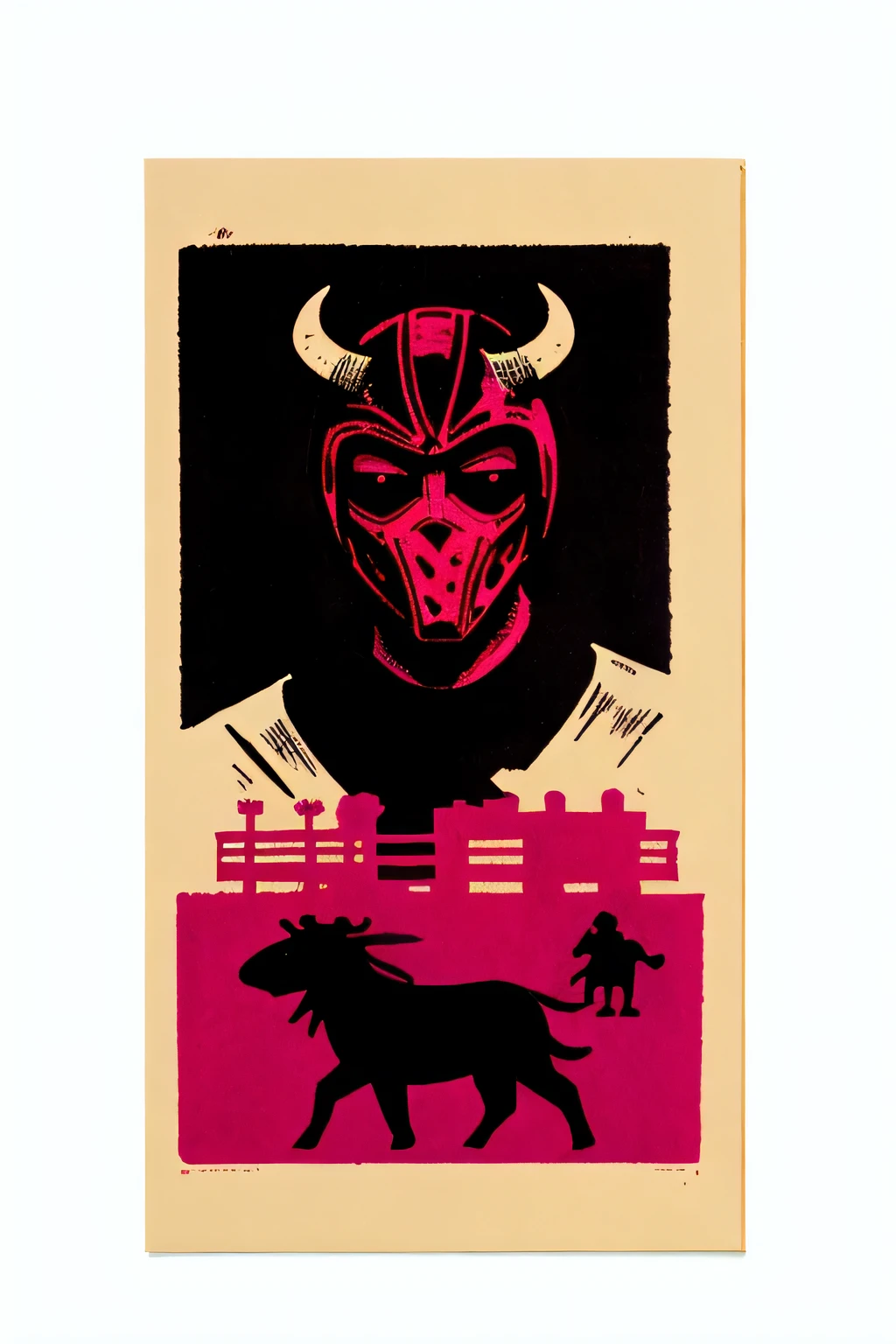 Hotline Miami, at the Bullfights. Great design and composition, Lino Cut Print, worn and bad print effects, vector print, flat illustration, ultra detailed, high quality, extremely fine and beautiful design, award winning, masterpiece, sharp focus, 8K, VSML, GBH
