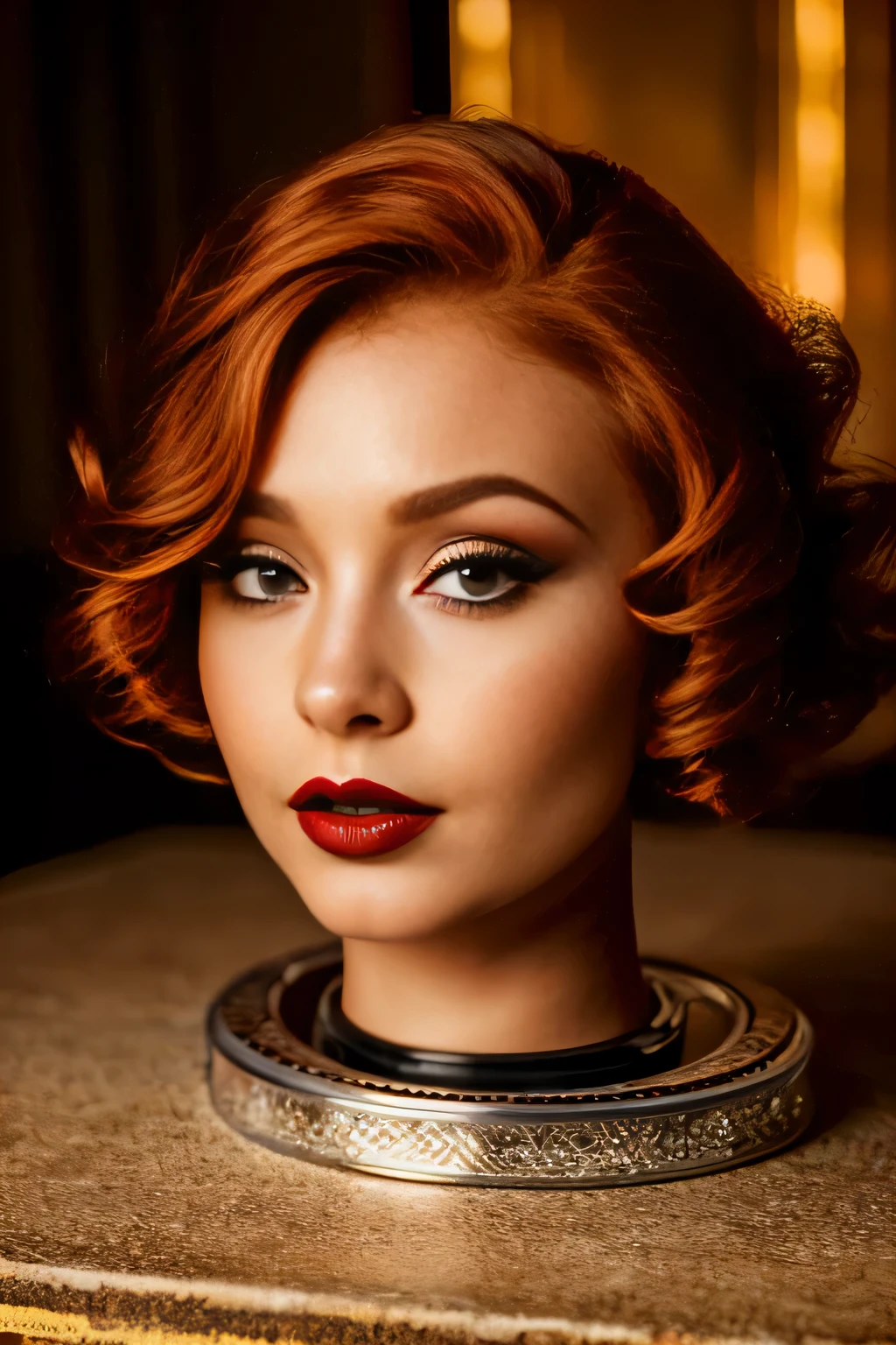 ((disembodied head on a table)), detailed skin texture, Une photographie d&#39; female woman with a face, curled ginger hair, ((Lora:pretty makeup, red lipstick, sexy)).