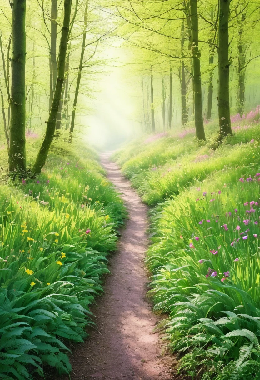 ((spring morning: 1.5)), (masterpiece), (Best quality: 1.0), (Ultra high resolution: 1.0), detailed illustration, detailed forest, morning colors, watercolor tones, yellows, pinks, greens, morning sun passing over the trees, medium long grass, dirt path, wild flowers, beautiful magical work of art, ((magical, beautiful trees: 1.4 )), ((Best quality, vibrant, 32k light and well-defined shadows)).