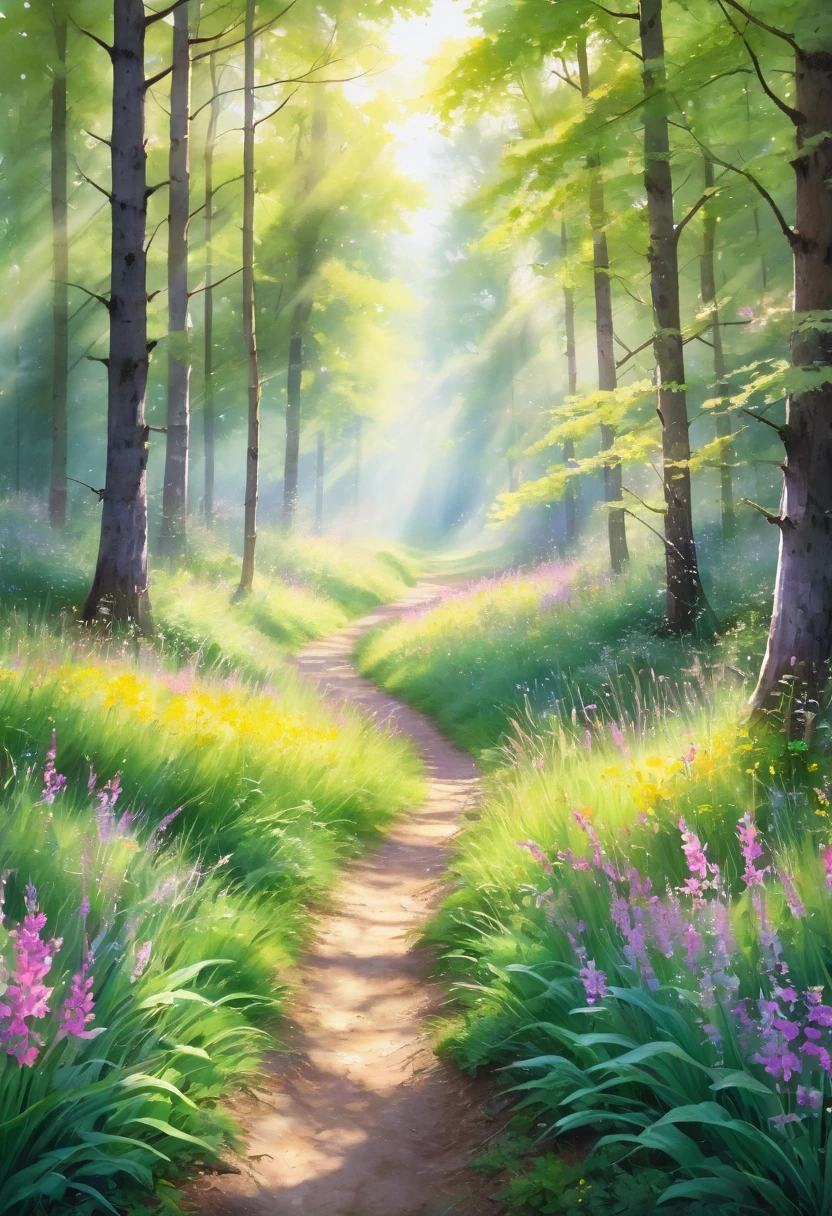 ((spring morning first rays of sun: 1.5)), (masterpiece), (Best quality: 1.0), (Ultra high resolution: 1.0), detailed illustration, detailed forest, morning colors, watercolor tones, yellows, pink, green, ray of morning sun passing over the trees, medium long grass, dirt path, wild flowers, beautiful magical work of art, ((magical, beautiful trees: 1.4 )), ((Best quality, vibrant, 32k of well-defined light and shadows)).