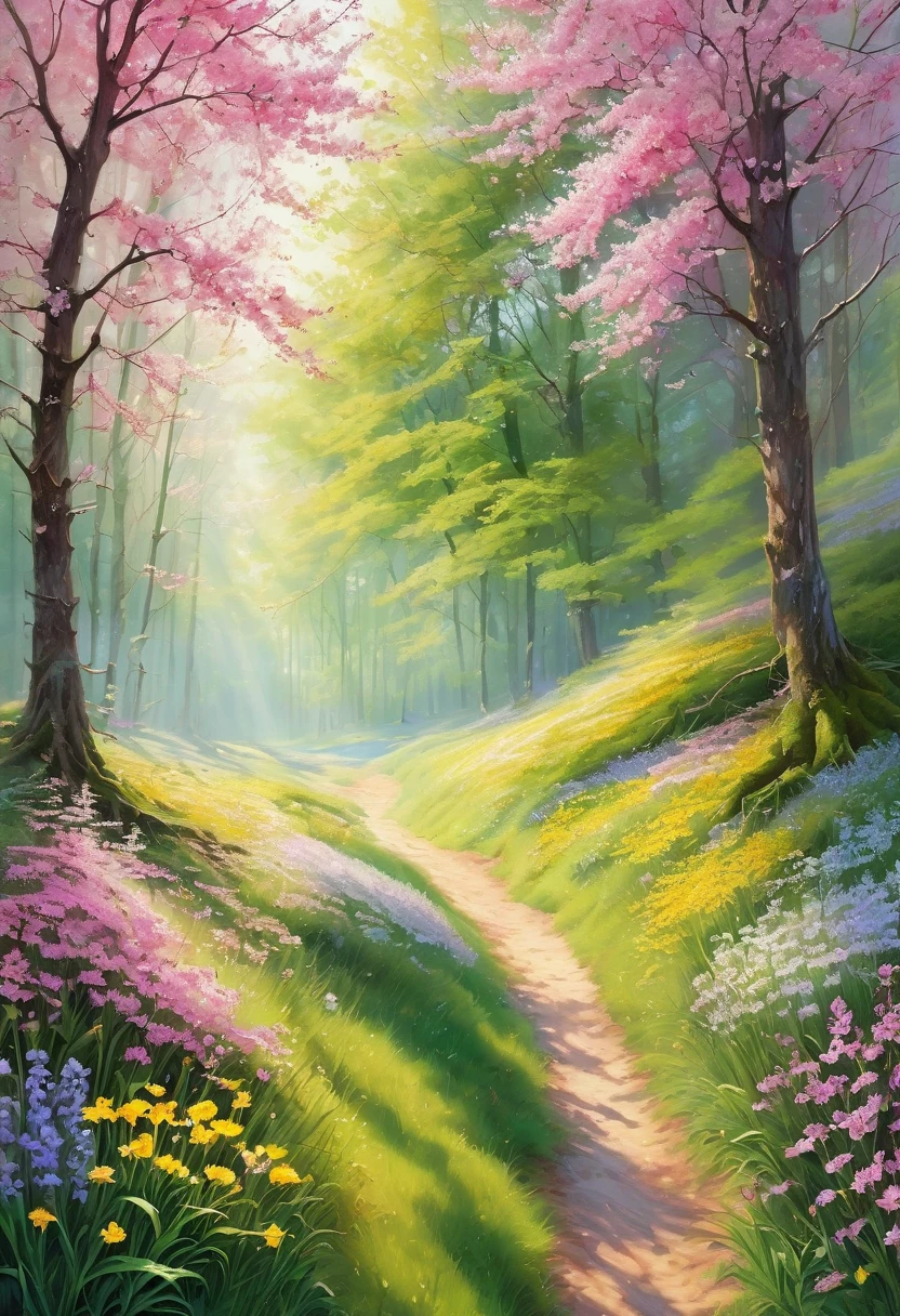 ((spring morning first rays of sun: 1.5)), (masterpiece), (Best quality: 1.0), (Ultra high resolution: 1.0), detailed illustration, detailed forest, morning colors, watercolor tones, yellows, pink, green, ray of morning sun passing over the trees, medium long grass, dirt path, wild flowers, beautiful magical work of art, ((magical, beautiful trees: 1.4 )), ((Best quality, vibrant, 32k of well-defined light and shadows)).