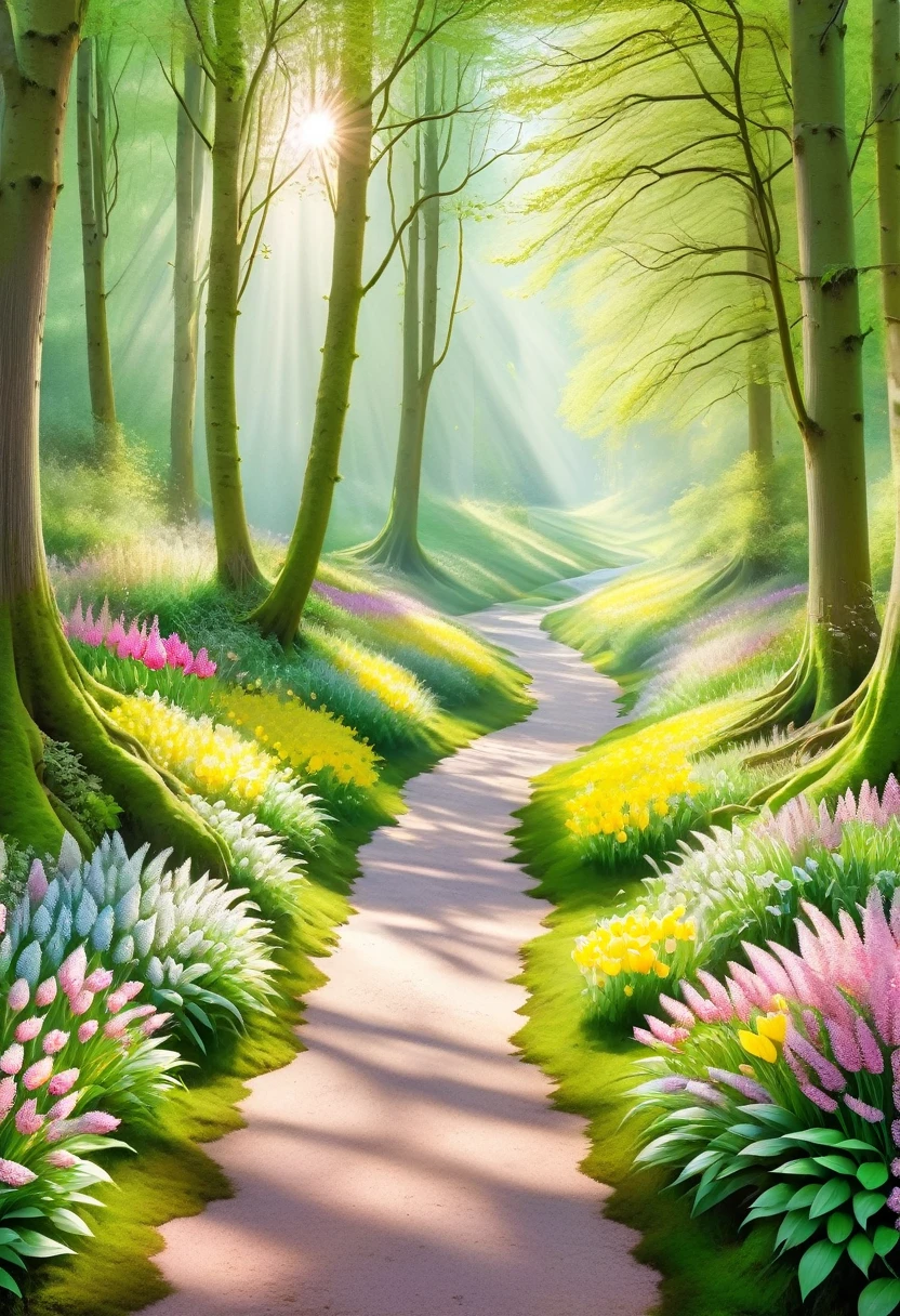 ((spring morning first rays of sun: 1.5)), (masterpiece), (Best quality: 1.0), (Ultra high resolution: 1.0), detailed illustration, detailed river, morning colors, watercolor tones, yellow, pink, green, ray of morning sun passing over the trees, medium long grass, dirt path, wild flowers, beautiful magical work of art, ((magical, beautiful trees: 1.4 )), ((Best quality, vibrant, 32k of well-defined light and shadows)).