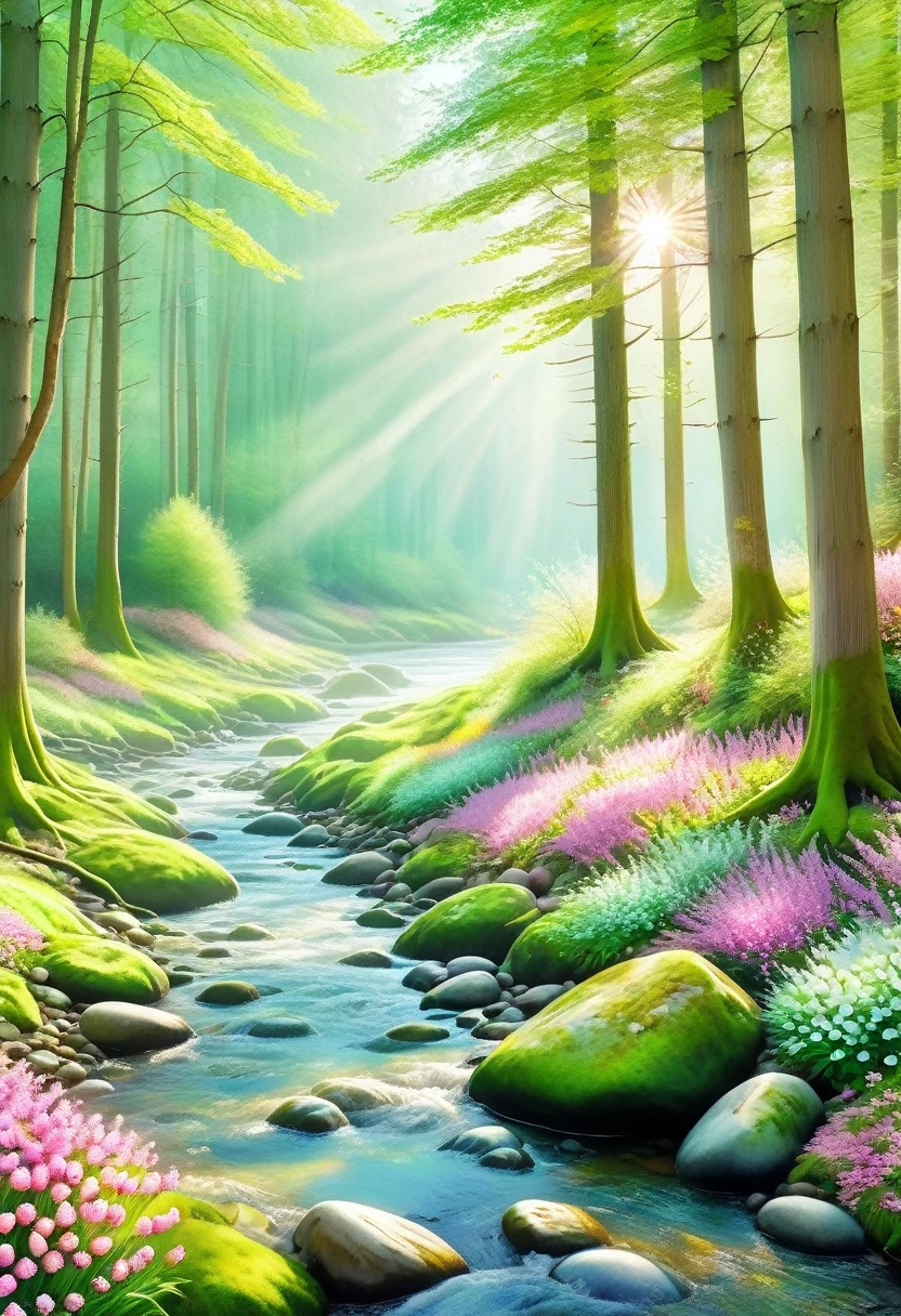 ((spring morning first rays of sun: 1.5)), (masterpiece), (Best quality: 1.0), (Ultra high resolution: 1.0), detailed illustration, of a river rocks on the banks, crystal clear water detailed, colors in the morning, watercolor tones, yellow, pink, green, ray of morning sun passing over the trees, medium-long grass, dirt road, wild flowers, beautiful magical work of art, ((magical, beautiful trees: 1.4) ), ((Best quality, vibrant, 32k light and well-defined shadows)).