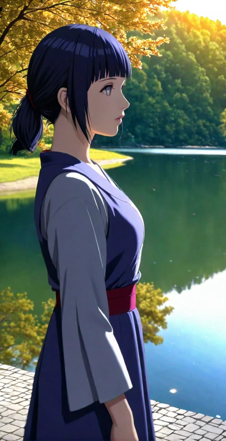 close-up from side, (adult-Hinata) walk next to lake, [enchanting, surreal, studio lighting, HDR, UHD, K]