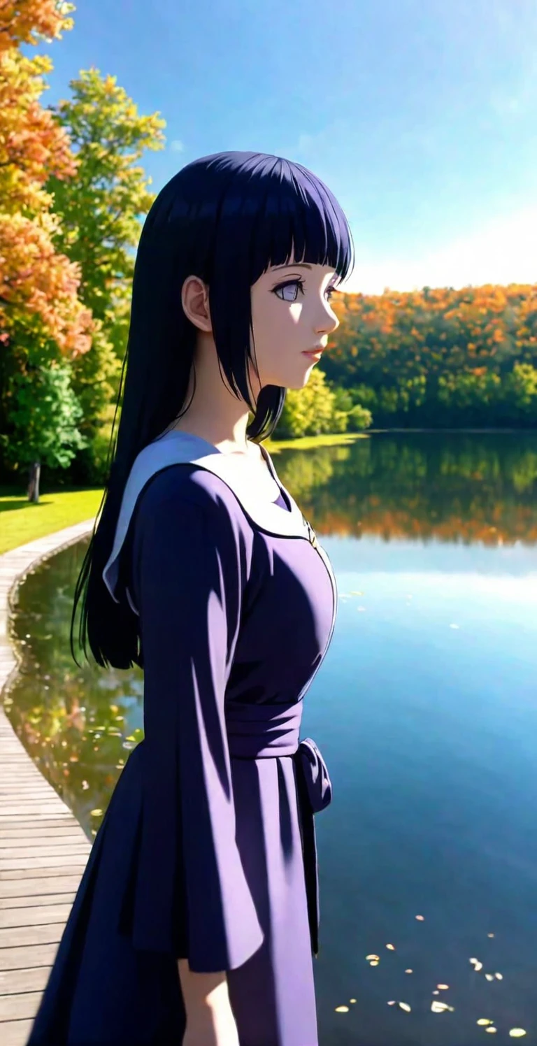 close-up from side, (adult-Hinata) walk next to lake, [enchanting, surreal, studio lighting, HDR, UHD, K]