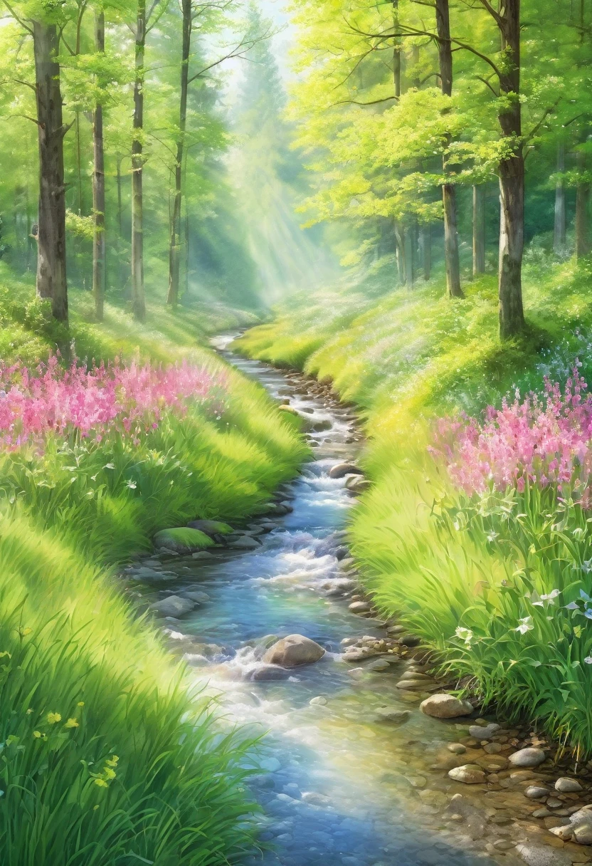 ((spring morning first rays of sun: 1.5)), (masterpiece), (Best quality: 1.0), (Ultra high resolution: 1.0), detailed illustration, of a river rocks on the banks, crystal clear water detailed, colors in the morning, watercolor tones, yellow, pink, green, ray of morning sun passing over the trees, medium-long grass, dirt road, wild flowers, beautiful magical work of art, ((magical, beautiful trees: 1.4) ), ((Best quality, vibrant, 32k light and well-defined shadows)).