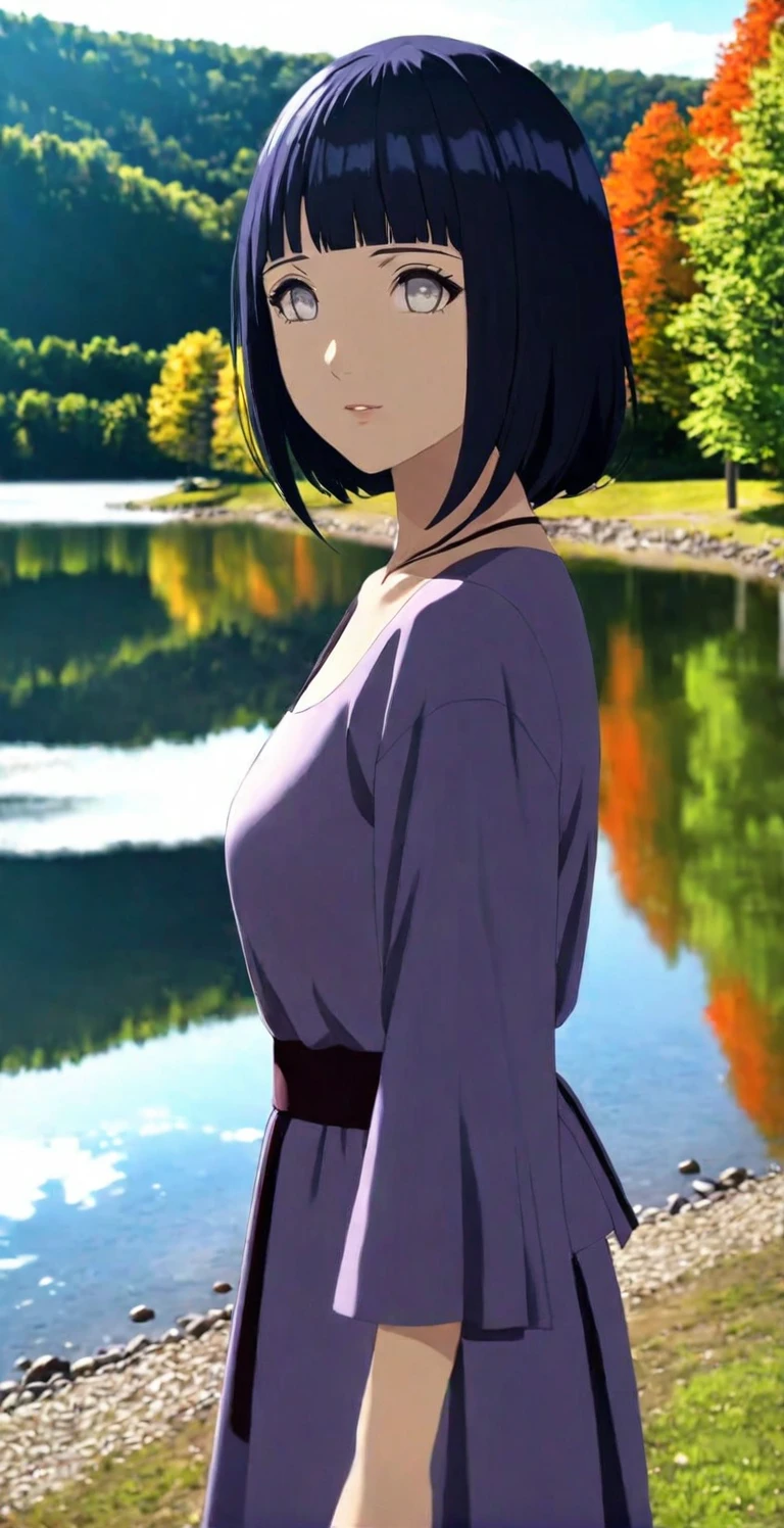 close-up from side, (adult-Hinata) walk next to lake, [enchanting, surreal, studio lighting, HDR, UHD, K]