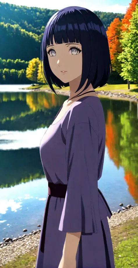 close-up from side, (adult-hinata) walk next to lake, [enchanting, surreal, studio lighting, hdr, uhd, k]