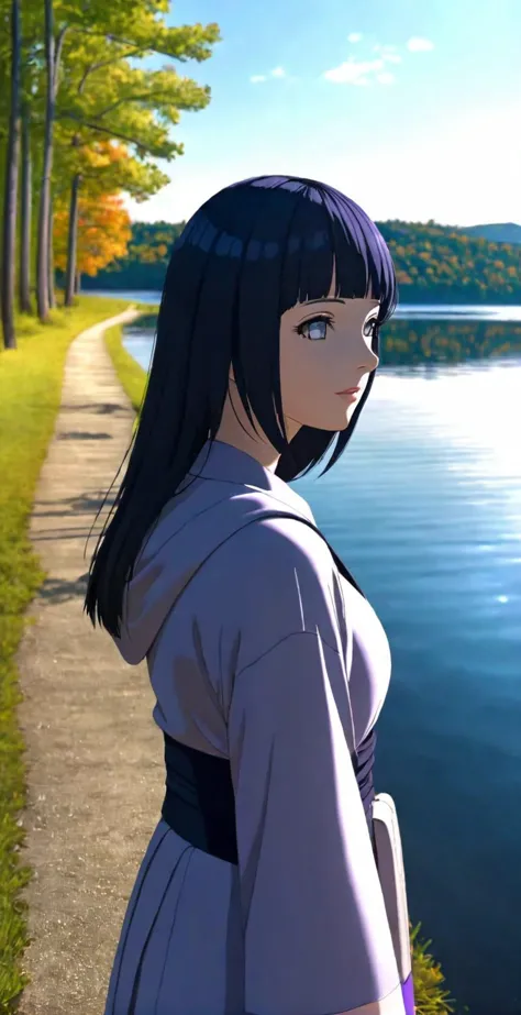 close-up from side, (adult-hinata) walk next to lake, [enchanting, surreal, studio lighting, hdr, uhd, k]